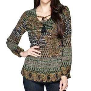 Du Jour Black Green Tasseled Long Sleeve Blouse M